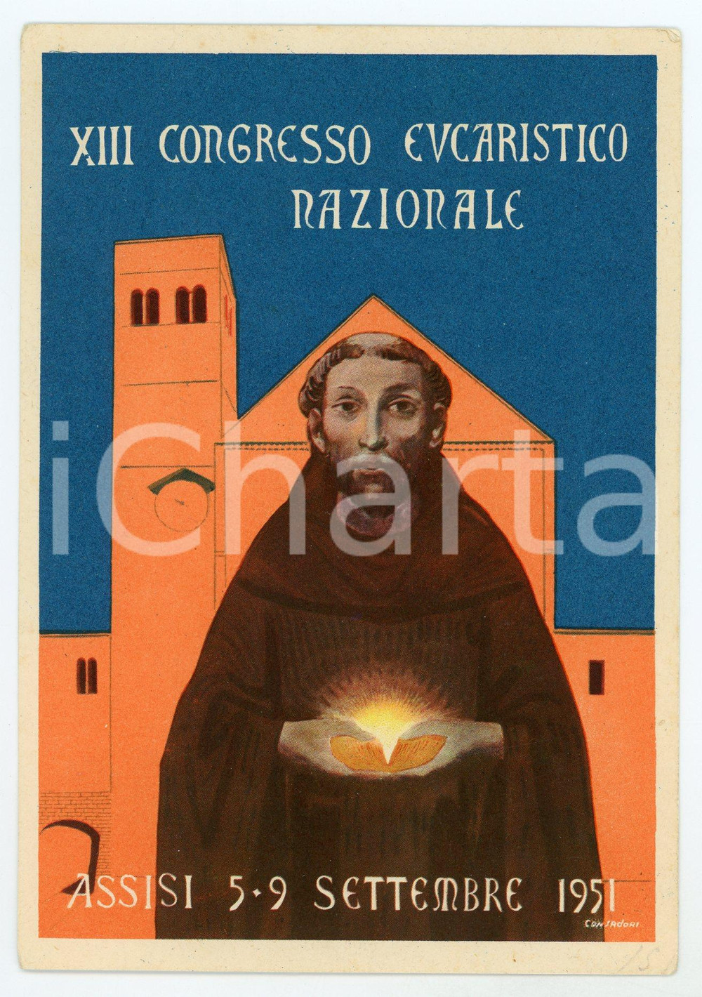 1951 ASSISI - XIII Congresso Eucaristico - Ill. Silvio CONSADORI Cartolina FG NV  Cartolina postale d'epoca, non viaggiata.CONDIZIONI: FAIRFORMATO: FG    originale e autentica 1