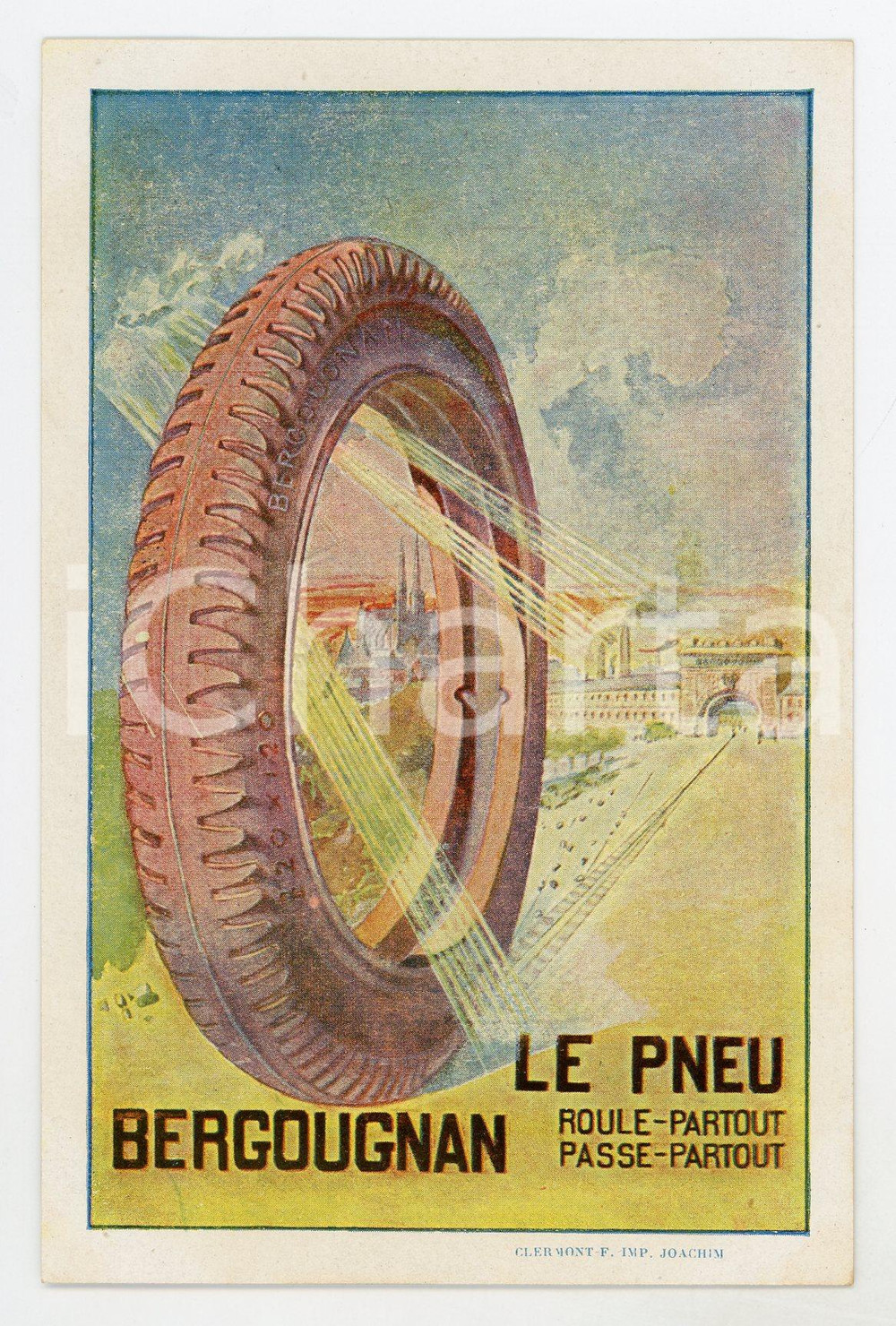 1910 ca FRANCE Pneu BERGOUGNAN roule partout - Billet ILLUSTRE' fable  Biglietto pubblicitario d'epoca, illustrato sulle due facciate, con favola al verso. GOOD/buono minime piegature angolari Formato: 9x14 cm originale e autentica 1