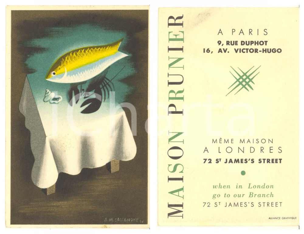 1934 PARIS Maison PRUNIER - Carte publicitaire illustration A. M. CASSANDRE 1  Pregevole cartolina pubblicitaria, con illustrazione al recto dell'artista Cassandre (Adolphe Jean Marie Mouron).CONDIZIONI: GFORMATO: 9x14 cm    originale e autentica 1