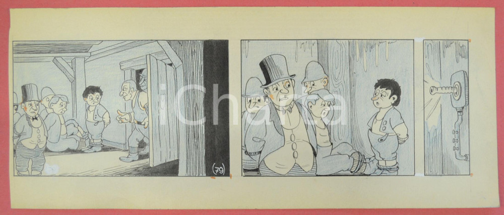 1950 ca DUTCH COMIC by A. REUVERS Original comic strip n.79 - ORIGINAL ART Striscia a fumetti d'epoca, originale e autentica. Disegno originale a china di A. Reuvers.CONDIZIONI: POOR (lieve mancanza all'angolo superiore sinistro)DIMENSIONI: 31x12 cm    originale e autentica 1