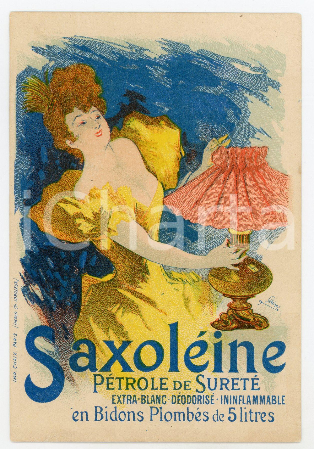 Materiale pubblicitario d’epoca 1920 ca SAXOLEINE PÃ©trole de suretÃ©  Ill. Jules CHERET Cartoncino pubblicitario 1