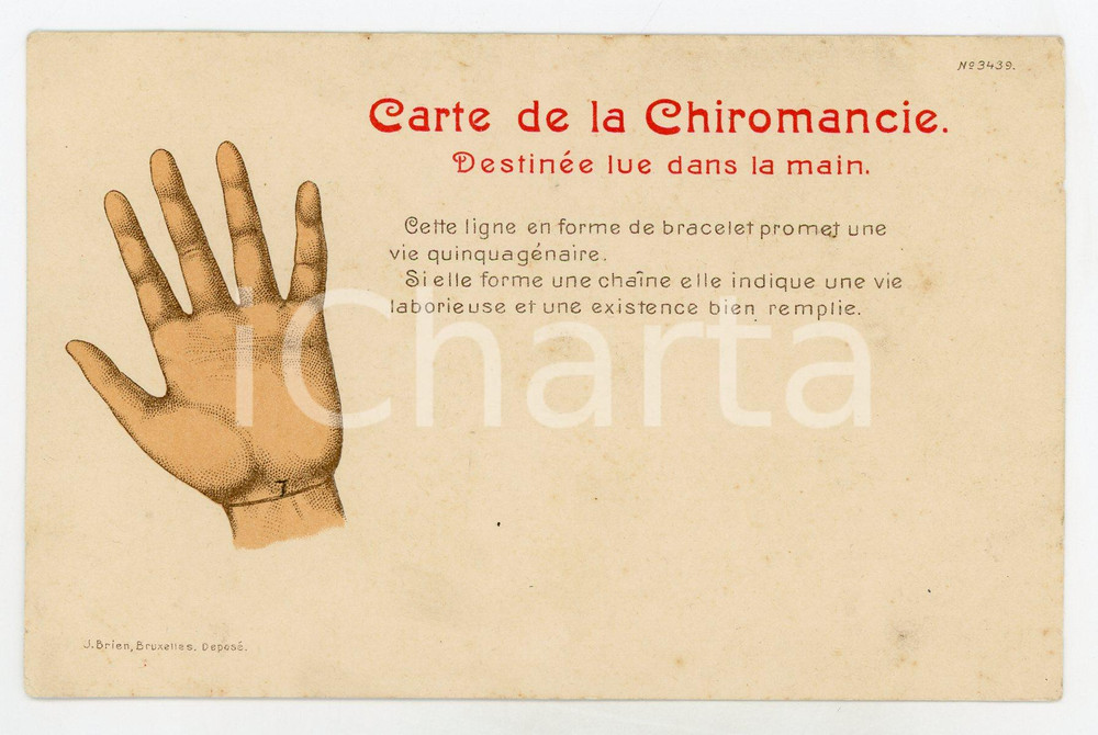 1900 ca BELGIQUE Carte de la CHIROMANCIE - Ligne 7 bracelet - Carte postale  Cartolina postale d'epoca, non viaggiata.EDITORE: J. Brien - BruxellesCONDIZIONI: GFORMATO: FP    originale e autentica 1