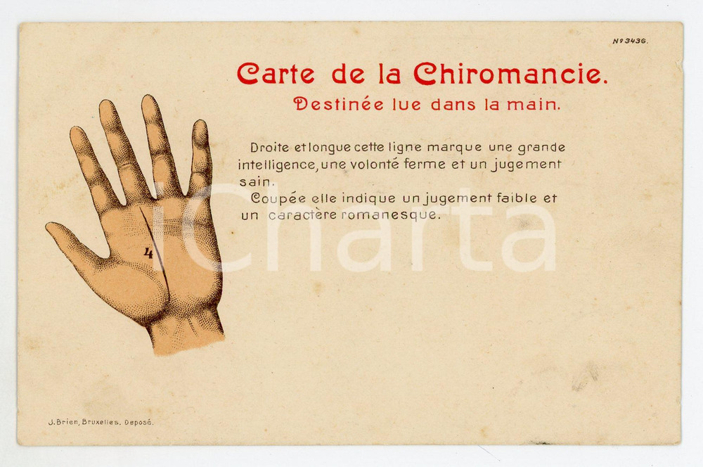 1900 ca BELGIQUE Carte de la CHIROMANCIE - Ligne 4 intelligence - Carte postale  Cartolina postale d'epoca, non viaggiata.EDITORE: J. Brien - BruxellesCONDIZIONI: G FORMATO: FP    originale e autentica 1