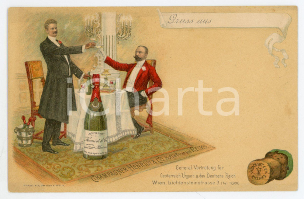 1900 ca REIMS Champagne HENRIOT & Co. - Carte postale publicitaire illustrée  Pregevole cartolina postale pubblicitaria d'epoca, illustrata a colori, non viaggiata.CONDIZIONI: GFORMATO: FP    originale e autentica 1
