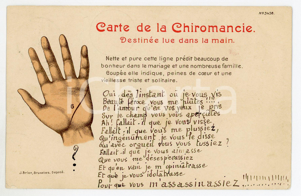 1902 BELGIQUE Carte de la CHIROMANCIE - Ligne 6 mariage - Carte postale  Cartolina postale d'epoca, scritta e viaggiata.EDITORE: J. Brien - BruxellesCONDIZIONI: G FORMATO: FP    originale e autentica 1