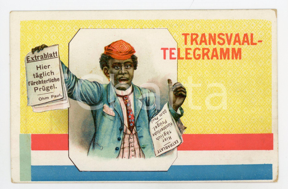 1900ca TRANSVAAL-TELEGRAMM Extrablatt - Paul OHM - ILLUSTRATED Postcard FP NV  Cartolina postale d'epoca, non viaggiata.CONDIZIONI: fair (lieve piegatura all'angolo inferiore destro)FORMATO: FP    originale e autentica 1