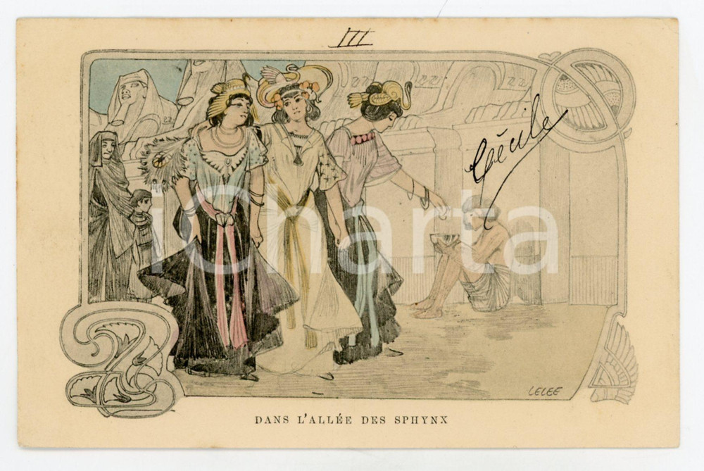 1902 ART NOUVEAU Artist Léopold LELEE - Dans l'allée des Sphynx - Carte postale  Cartolina postale d'epoca, viaggiata.CONDIZIONI: G FORMATO: FP    originale e autentica 1