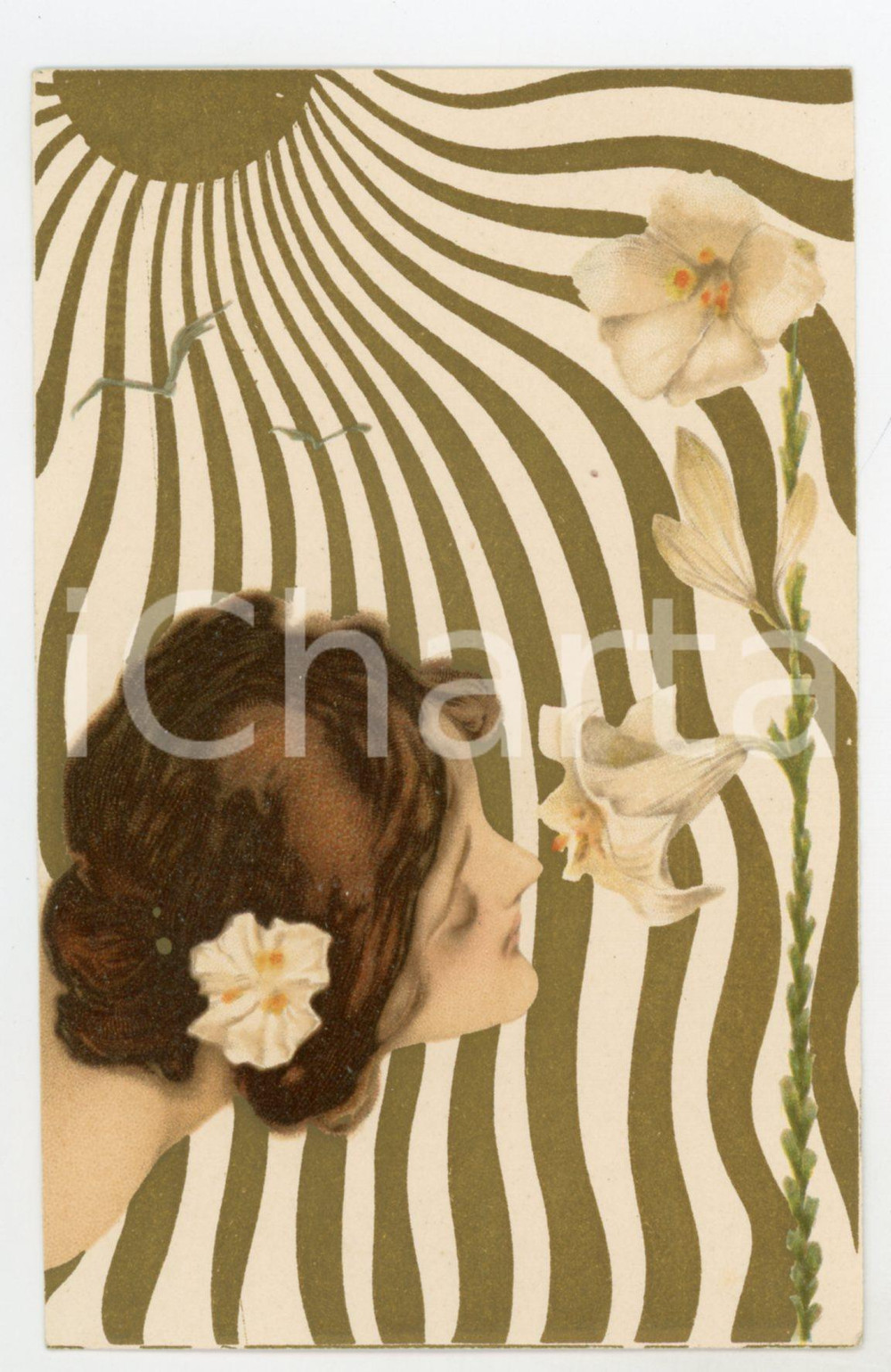 1900 ca ART NOUVEAU Raphael KIRCHNER - Girl with sun and lily - Postcard  Cartolina postale d'epoca, opera dell'artista e illustratore Raphael Kirchner, non viaggiata.CONDIZIONI: GFORMATO: FP    originale e autentica 1