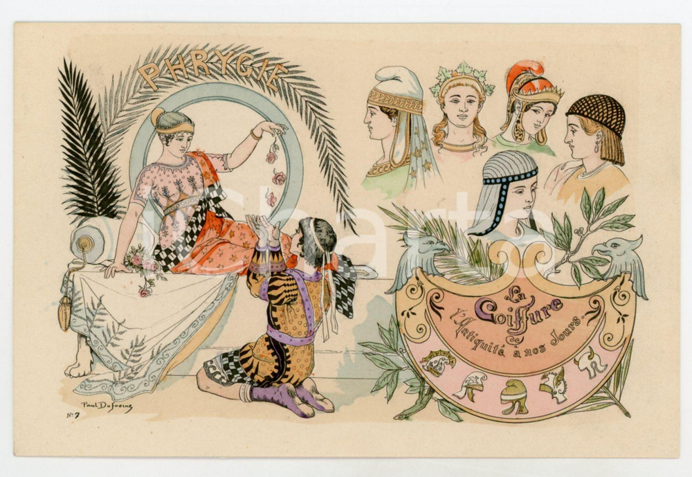 Cartolina originale da collezione 1900 ca Artist Paul DUFRESNE La coiffure depuis l antiquitÃ©  Phrygie  Postcard 1