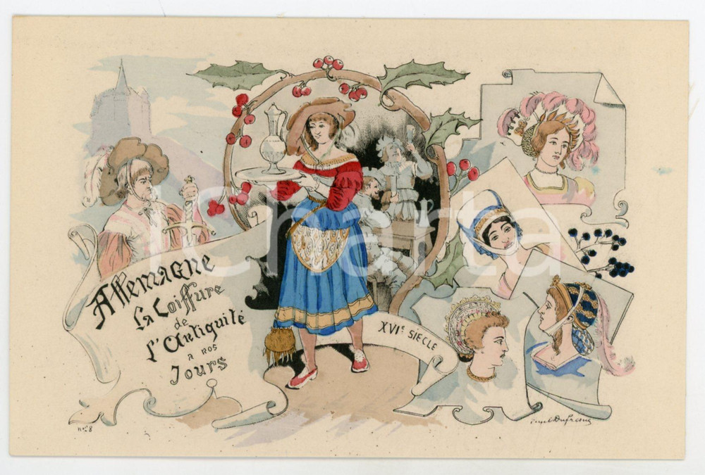 1900 ca Paul DUFRESNE La coiffure depuis l'antiquité - Allemagne - Postcard  Cartolina postale d'epoca, appartenente alla serie "La Coiffure depuis l'Antiquit&eacute; jusqu'&agrave; nos jours", non viaggiata.CONDIZIONI: GFORMATO: FP    originale e autentica 1