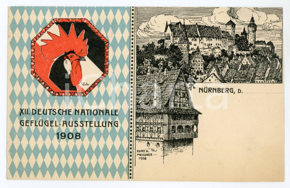 1908 NURNBERG XII Deutsche Nationale Geflugel-Ausstellung *Ill. Kurt A. MEISSNER  Cartolina postale d'epoca, non viaggiata. GOOD/buono  Formato: 14x9 cm originale e autentica 1