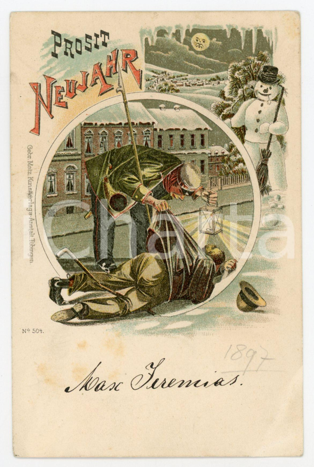 1897 PROSIT NEUJAHR A drunk fallen down - Snowman - ILLUSTRATED postcard  Cartolina postale d'epoca, viaggiata. FAIR/discreto piegatura angolare Formato: 9x14 cm originale e autentica 1