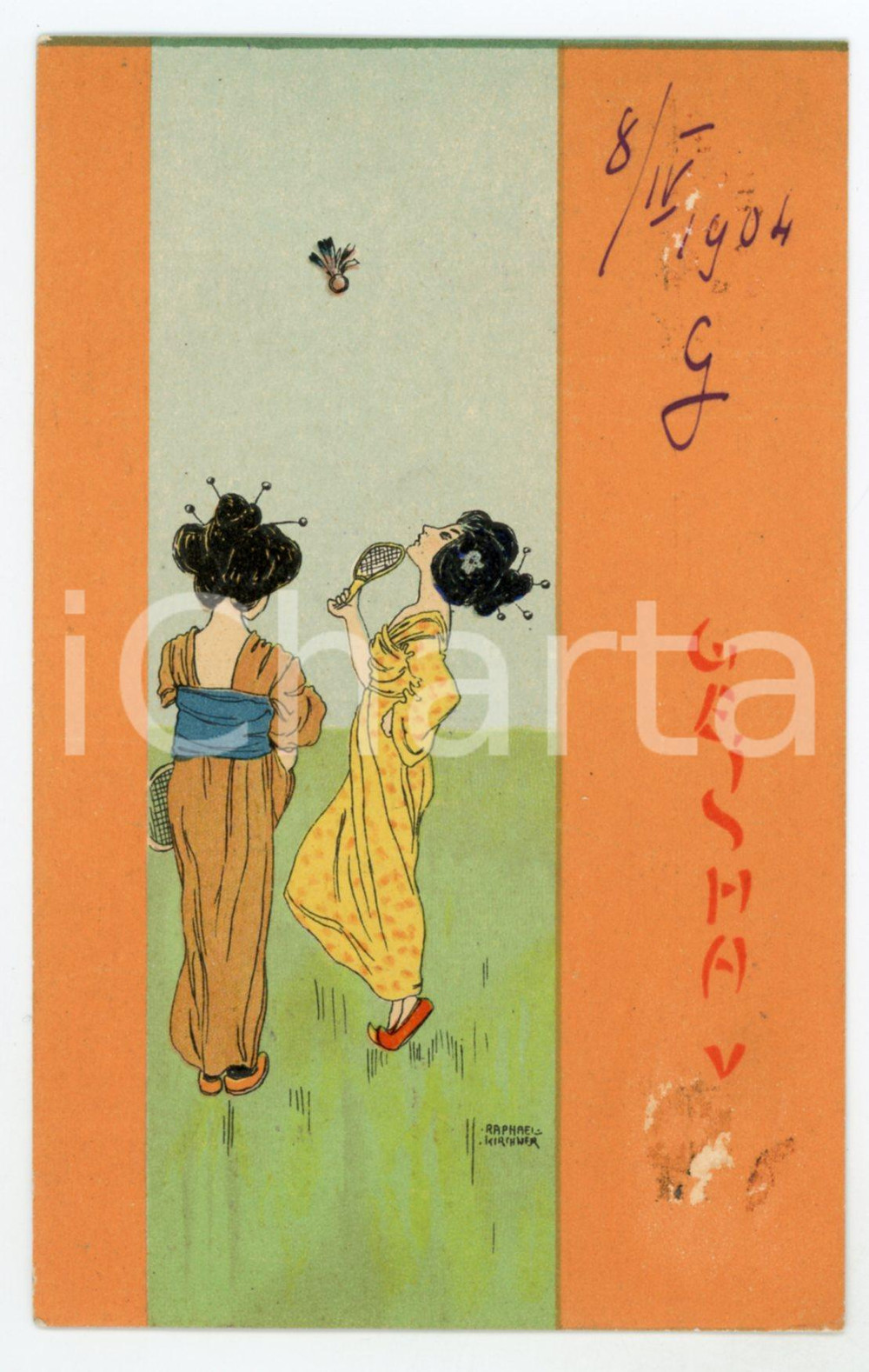 1904 ART NOUVEAU Raphael KIRCHNER - Geisha - V - Playing *Postcard orange  Cartolina postale d'epoca, opera dell'artista e illustratore Raphael Kirchner, viaggiata.CONDIZIONI: POOR (piccole abrasioni al recto)FORMATO: FP    originale e autentica 1