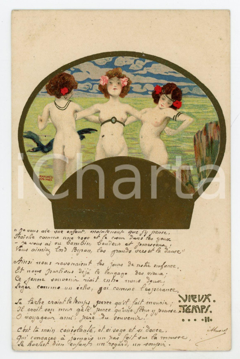 1900 ca ART NOUVEAU Raphael KIRCHNER Vieux temps II - The Three Graces *Postcard  Rara cartolina postale d'epoca, opera dell'artista e illustratore Raphael Kirchner, scritta ma non viaggiata.CONDIZIONI: FAIR (lievi piegature)FORMATO: FP    originale e autentica 1