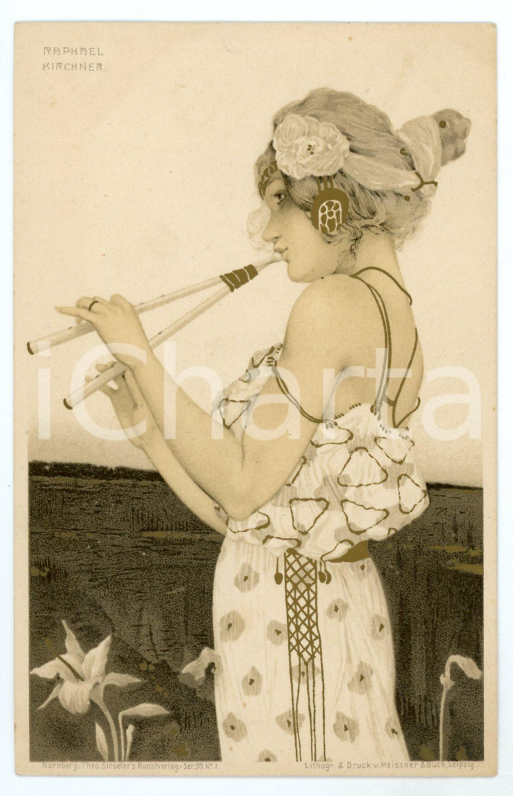 1900 ca ART NOUVEAU Raphael KIRCHNER "Greek Vergins" -Flutist - Postcard  Rara cartolina postale d'epoca, opera dell'artista e illustratore Raphael Kirchner, non viaggiata.Serie "Greek Vergins".CONDIZIONI: G FORMATO: FP    originale e autentica 1