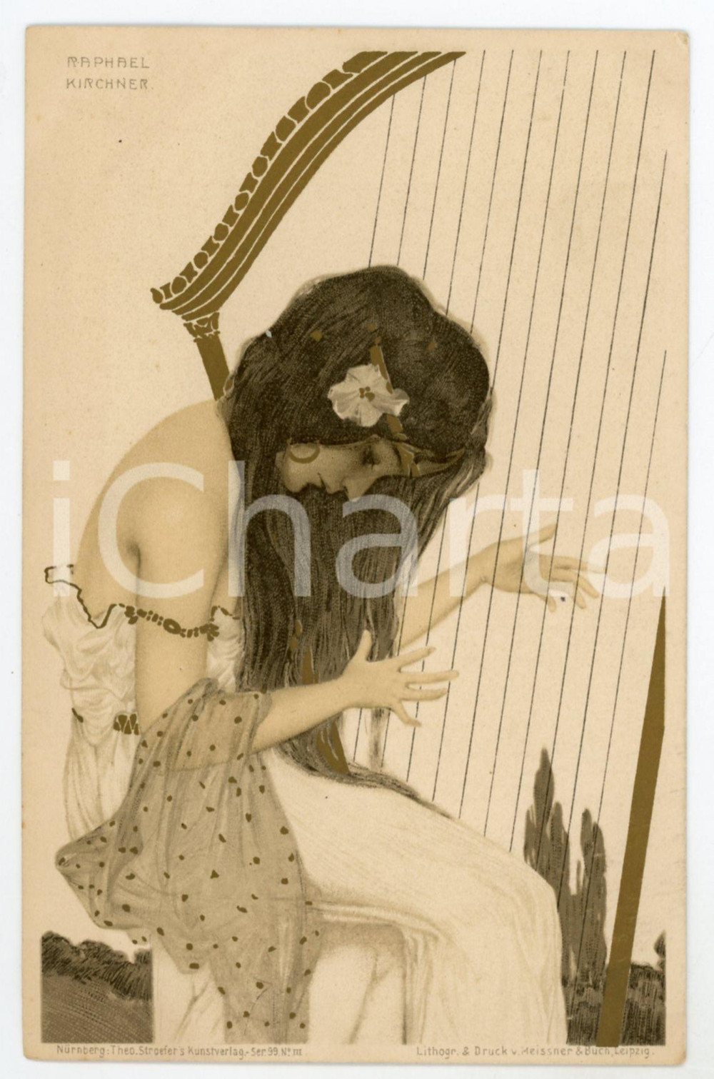 1900 ca ART NOUVEAU Raphael KIRCHNER "Greek Vergins" - Harpist - Postcard  Rara cartolina postale d'epoca, opera dell'artista e illustratore Raphael Kirchner, non viaggiata.Serie "Greek Vergins".CONDIZIONI: G FORMATO: FP    originale e autentica 1