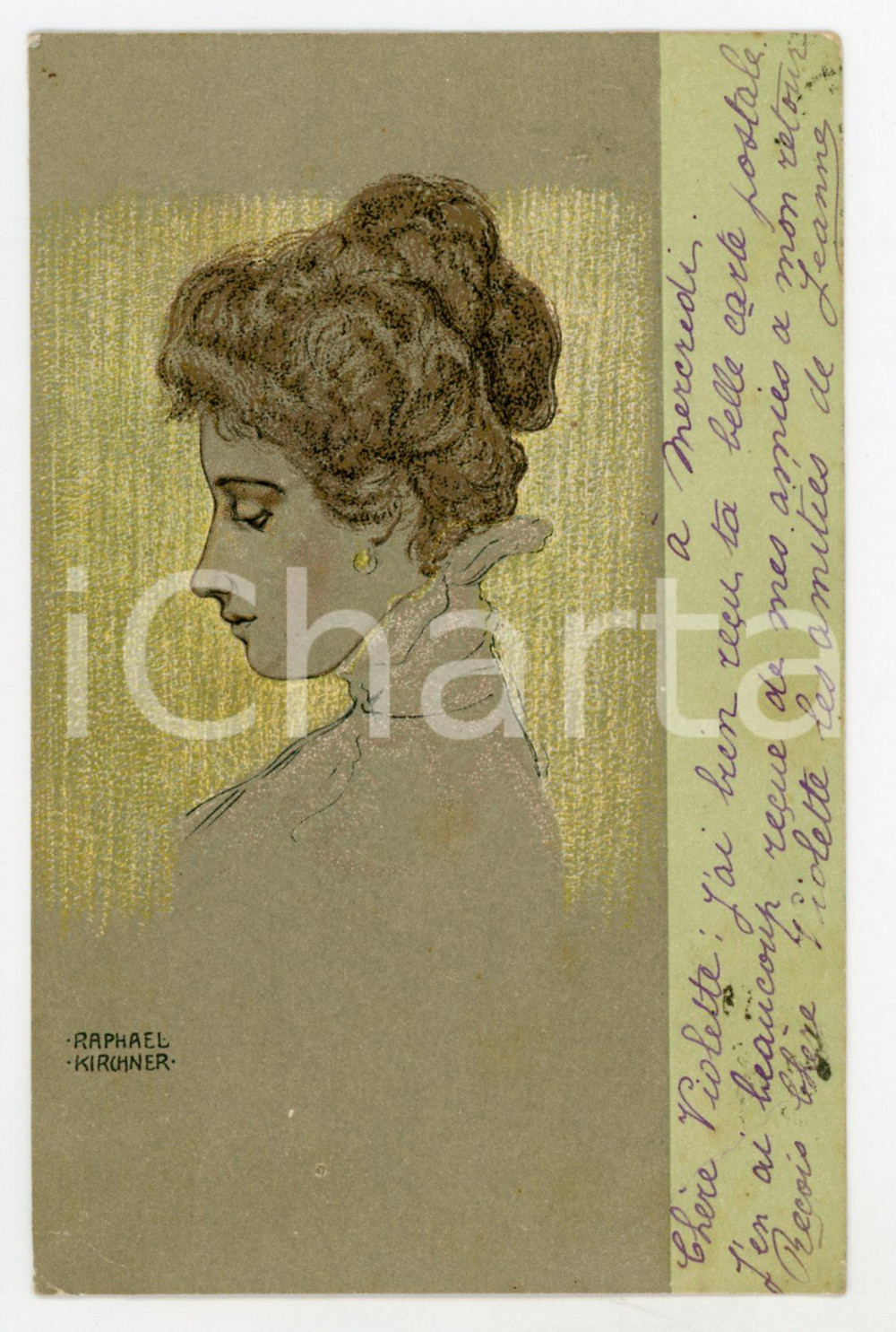 1901 ART NOUVEAU Raphael KIRCHNER Woman profile - Original vintage postcard  Cartolina postale d'epoca, opera dell'artista e illustratore Raphael Kirchner, viaggiata.CONDIZIONI: FAIR (piegature angolari al lato inferiore)FORMATO: FP    originale e autentica 1