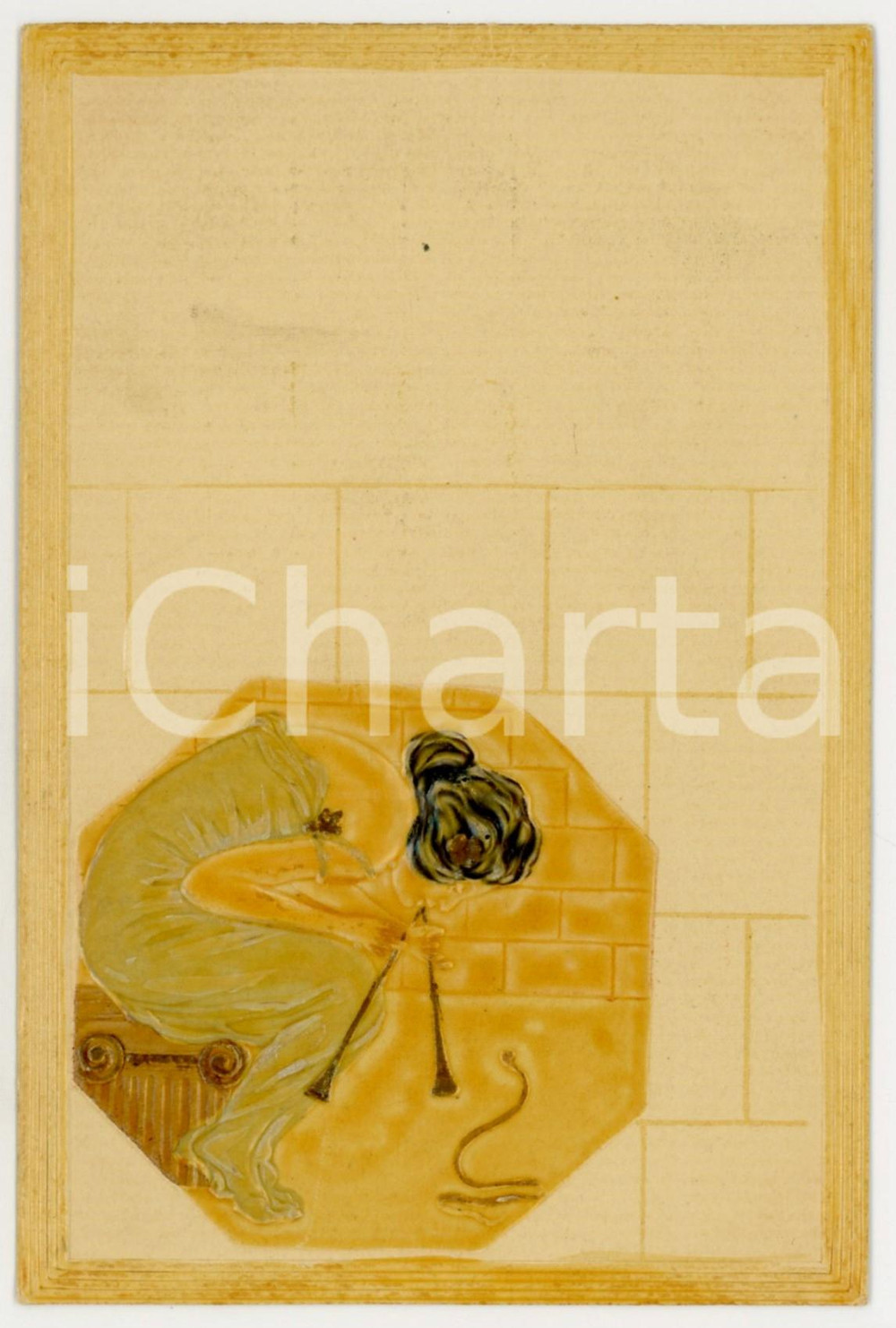 1900 ca ART NOUVEAU Raphael KIRCHNER Lady flutist *Rare embossed yellow postcard  Rara cartolina postale d'epoca, opera dell'artista e illustratore Raphael Kirchner, non viaggiata.CONDIZIONI: GFORMATO: FP    originale e autentica 1