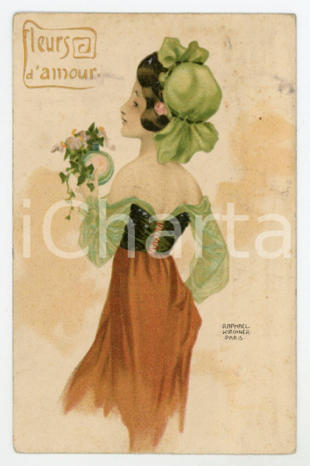 1904 ART NOUVEAU Raphael KIRCHNER Fleurs d'amour - RARE Vintage Postcard  Rara cartolina postale d'epoca, opera dell'artista e illustratore Raphael Kirchner, viaggiata.CONDIZIONI: GFORMATO: FP    originale e autentica 1