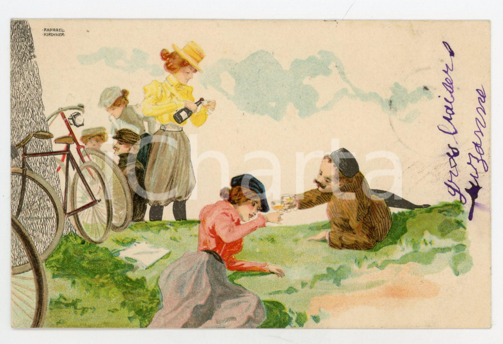 1901 ART NOUVEAU Raphael KIRCHNER - Picnic scene - RARE Vintage Postcard  Rara cartolina postale d'epoca, opera dell'artista e illustratore Raphael Kirchner, viaggiata.CONDIZIONI: GFORMATO: FP    originale e autentica 1