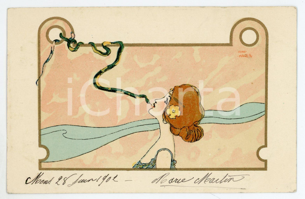 1902 ART NOUVEAU Nini HAGER (Raphael KIRCHNER) Woman with snake *Postcard  Rara cartolina postale d'epoca, opera dell'artista e illustratore Raphael Kirchner (che utilizza come pseudonimo il nome della moglie, Nini Hager), viaggiata.CONDIZIONI: G FORMATO: FP    originale e autentica 1
