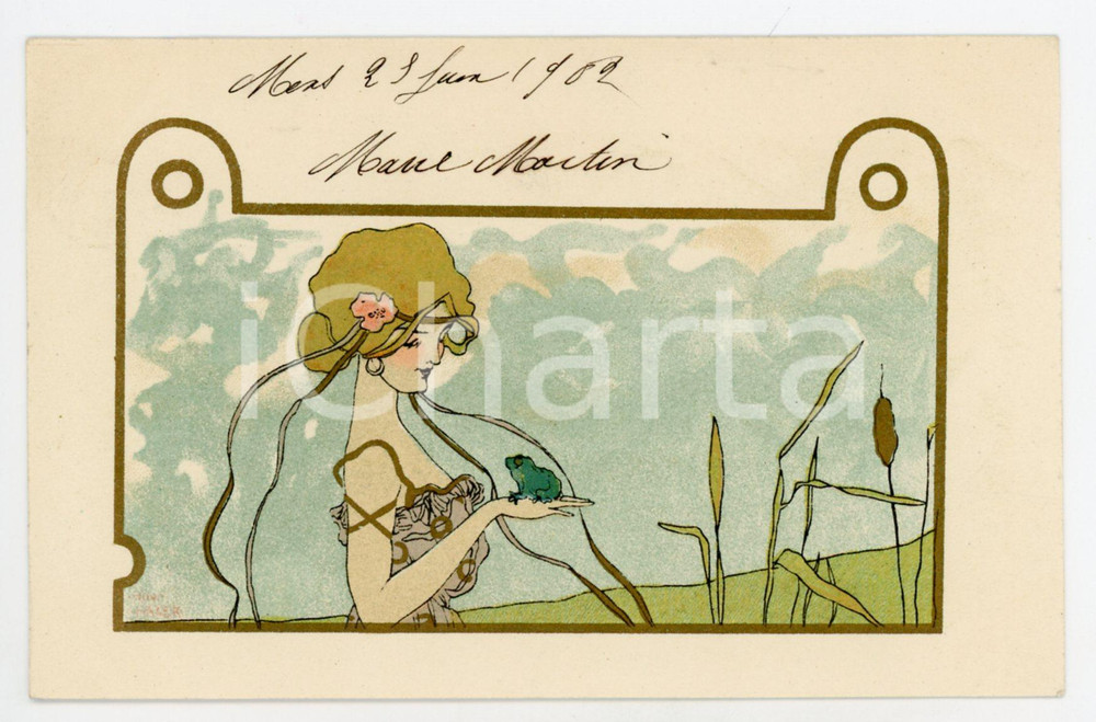 1902 ART NOUVEAU Nini HAGER (Raphael KIRCHNER) Woman with a frog *Postcard  Rara cartolina postale d'epoca, opera dell'artista e illustratore Raphael Kirchner (che utilizza come pseudonimo il nome della moglie, Nini Hager), viaggiata.CONDIZIONI: G FORMATO: FP    originale e autentica 1