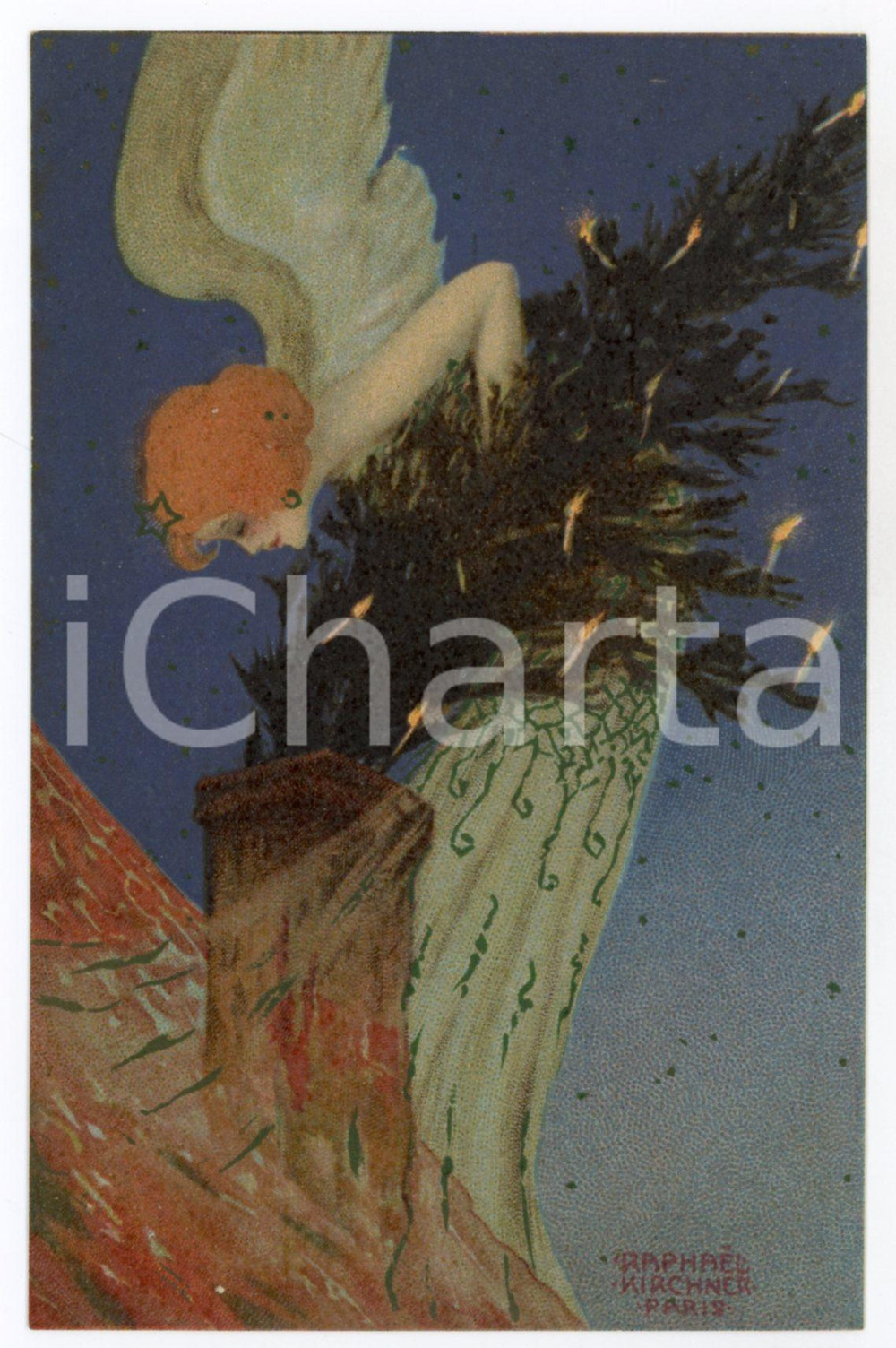 1900 ca ART NOUVEAU Raphael KIRCHNER Christmas tree angel - RARE postcard  Rara cartolina postale d'epoca, opera dell'artista e illustratore Raphael Kirchner, non viaggiata.CONDIZIONI: GFORMATO: FP  originale e autentica 1