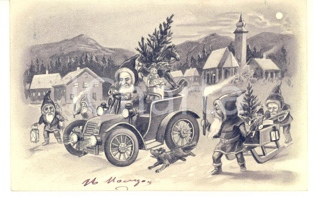 1904 CHRISTMAS Santa Claus driver in car - Embossed vintage postcard b/w  Cartolina postale d'epoca, a rilievo, viaggiata.FORMATO: FPCONDIZIONI: G    originale e autentica 1