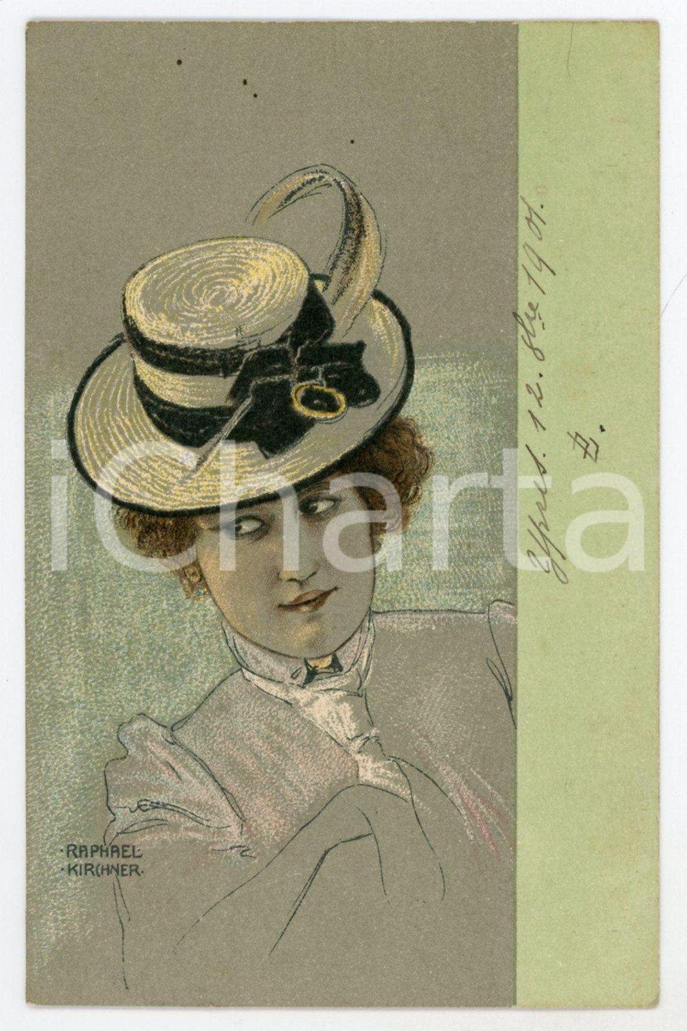 1901 ART NOUVEAU Raphael KIRCHNER Woman wearing a hat - Original postcard  Cartolina postale d'epoca, opera dell'artista e illustratore Raphael Kirchner, viaggiata.CONDIZIONI: GFORMATO: FP    originale e autentica 1