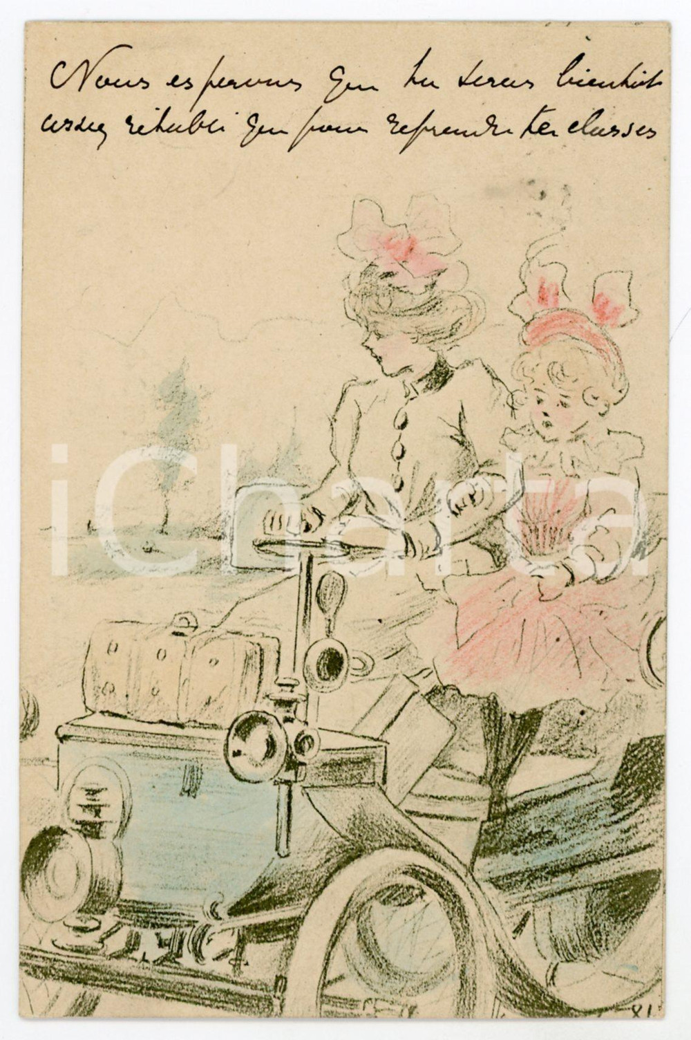 1900 FRANCE COSTUMES Mère et fille dans la voiture - Henri BOUTET Carte postale  Cartolina postale d'epoca, viaggiata.CONDIZIONI: FAIRFORMATO: FP    originale e autentica 1