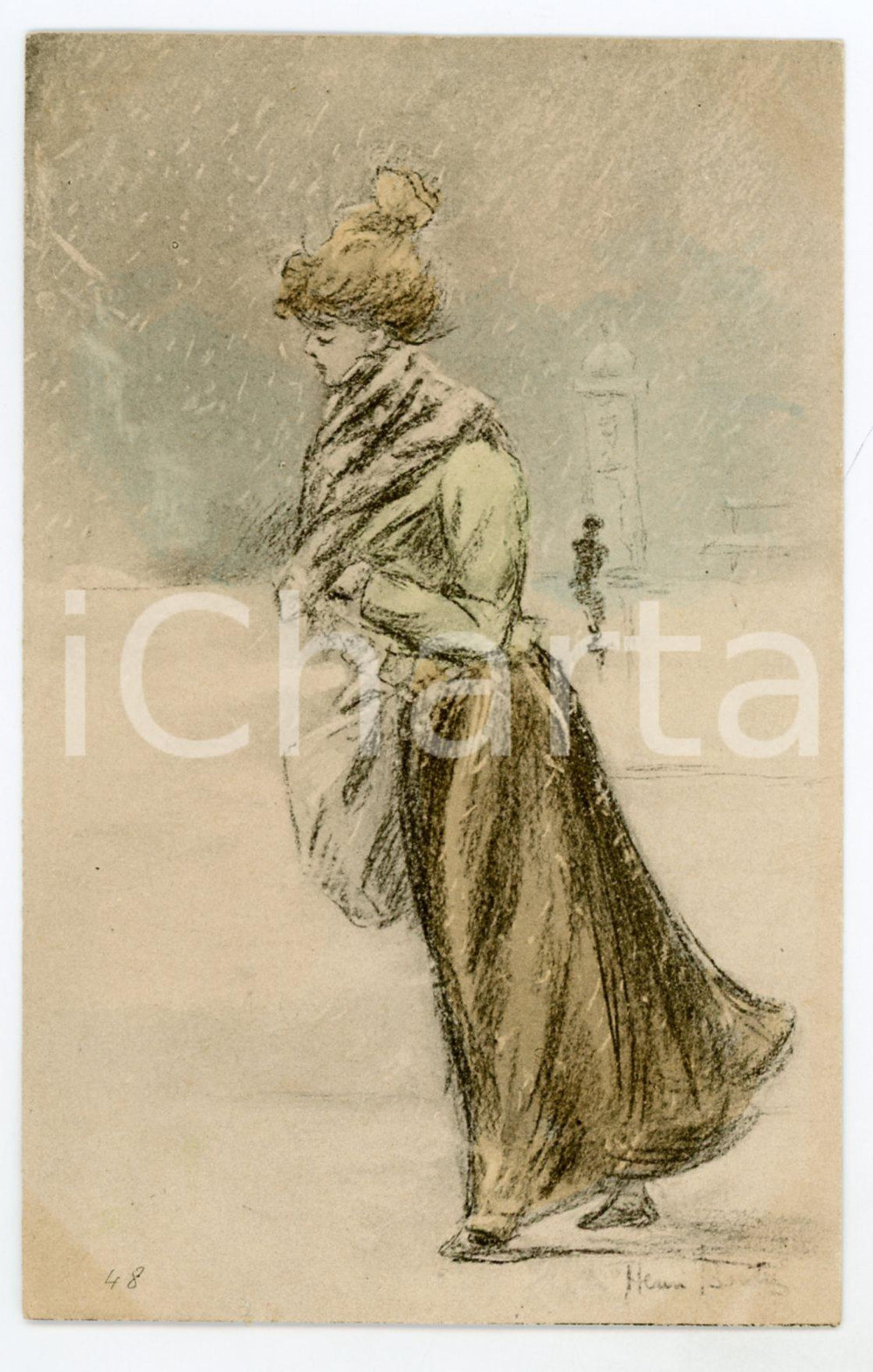 1900 ca FRANCE COSTUMES Femme dans la neige - Ill. Henri BOUTET Carte postale FP  Cartolina postale d'epoca, non viaggiata.CONDIZIONI: FAIRFORMATO: FP    originale e autentica 1