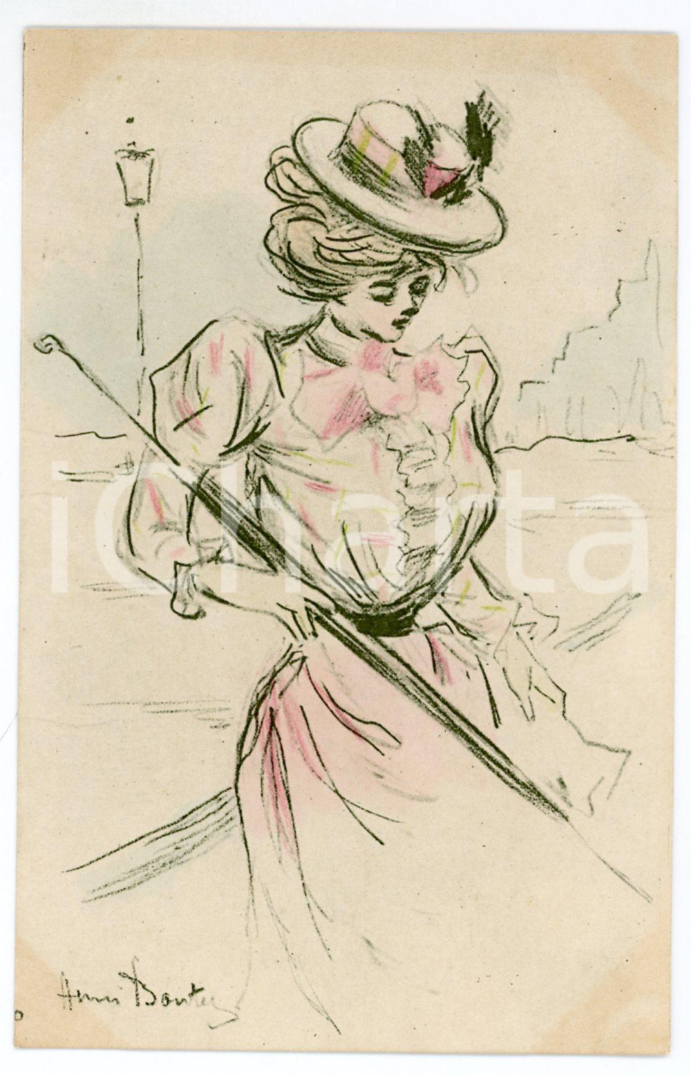1900ca FRANCE COSTUMES Femme avec parapluie - Ill. Henri BOUTET Carte postale  Cartolina postale d'epoca, non viaggiata.CONDIZIONI: FAIRFORMATO: FP    originale e autentica 1