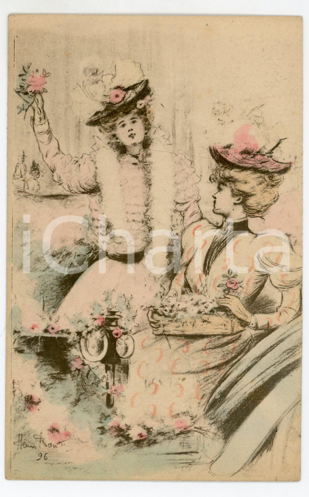 1900 ca FRANCE COSTUMES Femmes avec des fleurs - Ill. Henri BOUTET Carte postale  Cartolina postale d'epoca, non viaggiata.CONDIZIONI: FAIRFORMATO: FP    originale e autentica 1