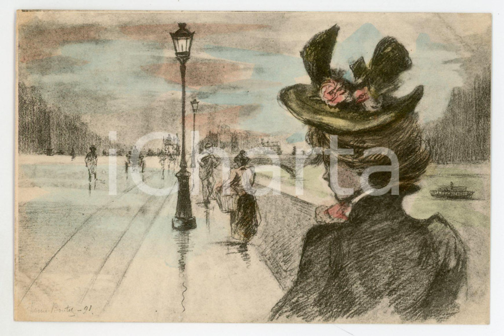 1900ca PARIS Lady on riverside of the Seine Illustration Henri BOUTET Cartolina  Cartolina postale d'epoca, non viaggiata.CONDIZIONI: FAIRFORMATO: FP    originale e autentica 1
