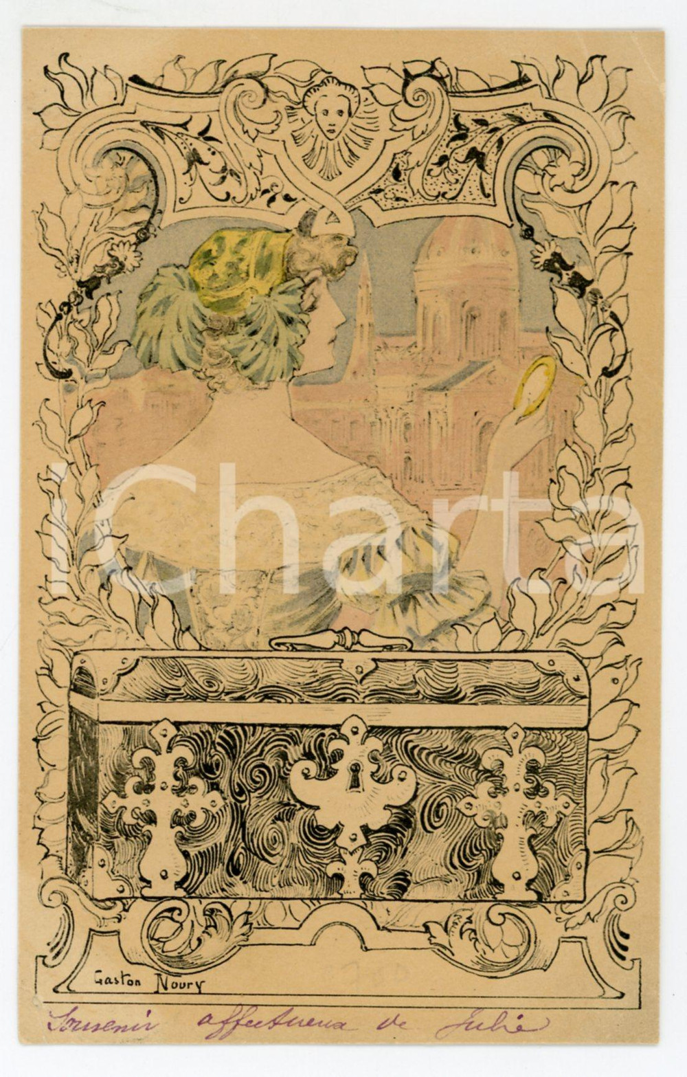 1908 COSTUMES Woman with hand mirror  - Illustration Gaston NOURY Postcard FP  Cartolina postale d'epoca, viaggiata.CONDIZIONI: POOR (piegature diffuse)FORMATO: FP    originale e autentica 1