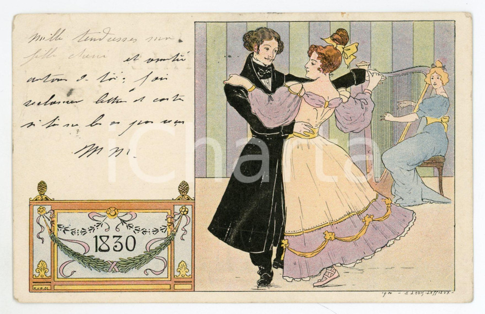 Cartolina originale da collezione 1901 COSTUMES ScÃ¨ne de danse en 1830  Ill. Ernest Louis LESSIEUX Postcard FP VG 1