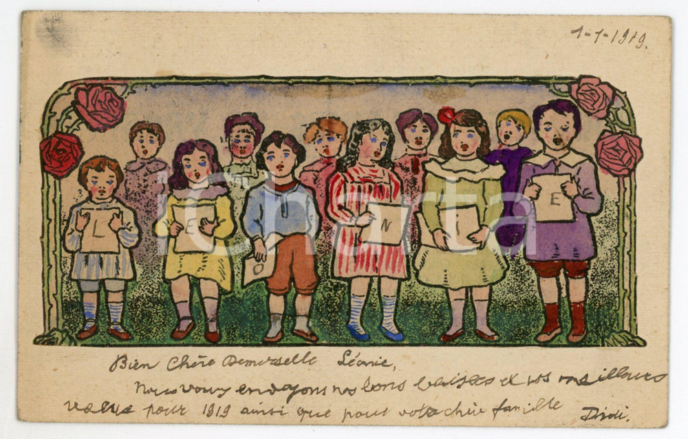 1919 BELGIQUE ChÅ“ur d'enfants - Cartolina ILLUSTRATA colorata a mano FP VG  Cartolina postale d'epoca, non viaggiata, colorata a mano.CONDIZIONI: FAIRFORMATO: FP    originale e autentica 1