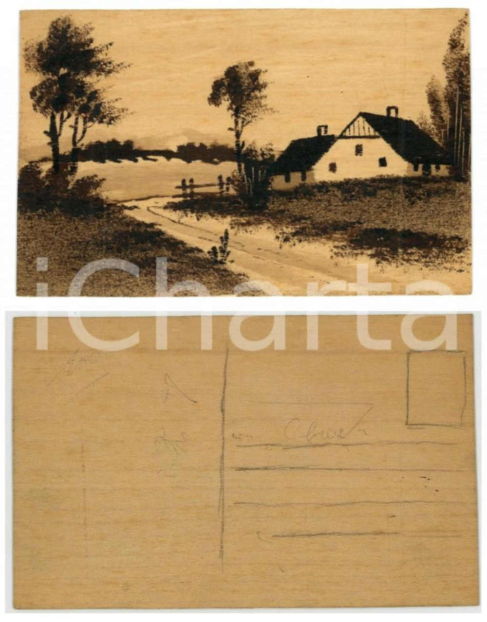 1920 ca BELGIO Paesaggio di campagna - Cartolina in legno DIPINTA A MANO FP NV  Cartolina postale d'epoca, non viaggiata, dipinta a mano su foglio di legno. CONDIZIONI: FAIRFORMATO: FP    originale e autentica 1