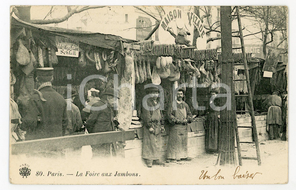 1903 PARIS La Foire aux Jambons - Maison VIZADE - Carte postale ANIMEE  Cartolina postale d'epoca, viaggiata (ma francobollo asportato).CONDIZIONI: GFORMATO: FP    originale e autentica 1