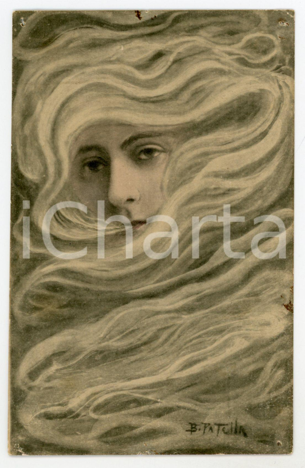 1900 ca ART NOUVEAU Illustratore B. PATELLA Donna velata - Carte postale  Cartolina postale d'epoca, non viaggiata.CONDIZIONI: POOR (fori da affissione agli angoli)FORMATO: FP    originale e autentica 1