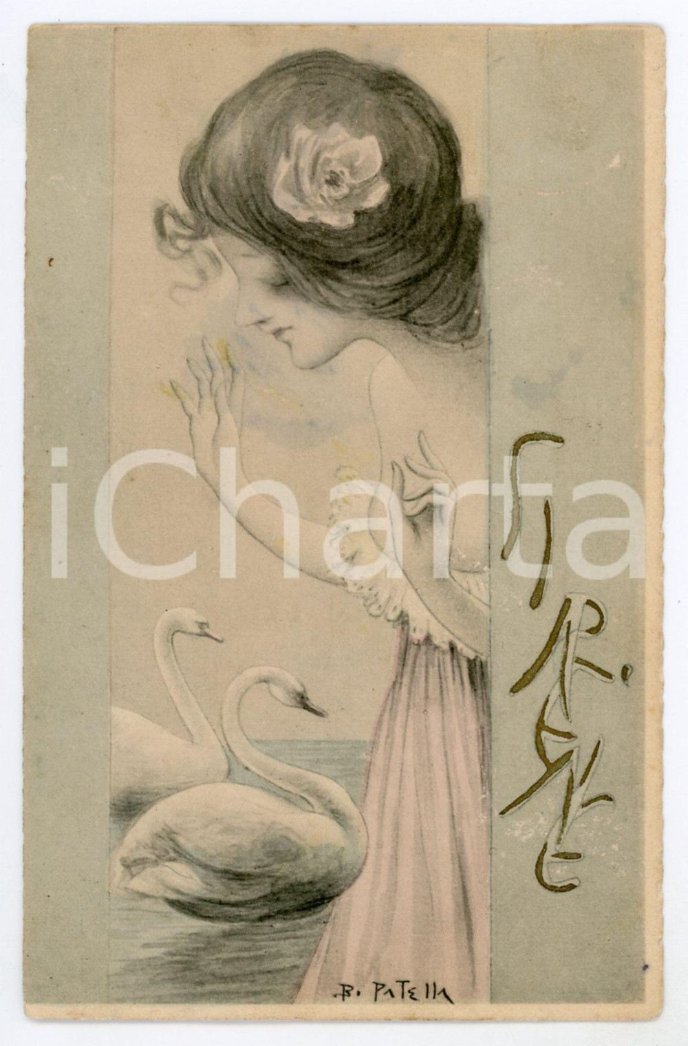 1920 ART NOUVEAU Illustratore B. PATELLA Donna con cigni - Carte postale  Cartolina postale d'epoca, viaggiata.CONDIZIONI: FAIRFORMATO: FP    originale e autentica 1
