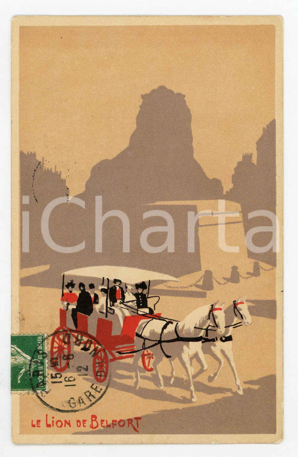 1912 PARIS Le Lion de Belfort  - Carte postale illustrée CPA carrosse  Cartolina postale d'epoca, viaggiata.CONDIZIONI: GFORMATO: FP    originale e autentica 1