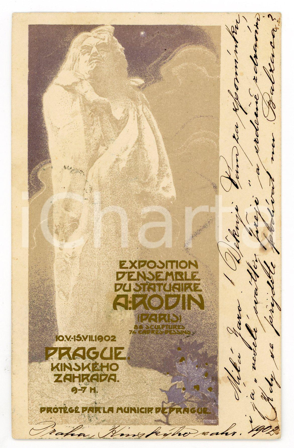 1902 PRAGUE Exposition statuaire Auguste RODIN - Carte postale ZUPANSKY  Cartolina postale d'epoca, viaggiata.Mostra al recto il manifesto realizzato dall'artista Vladimir Zupansky per la mostra.CONDIZIONI: GFORMATO: FP    originale e autentica 1