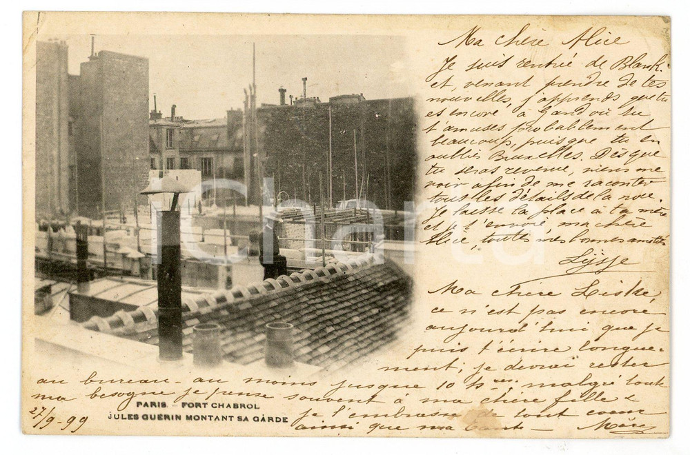 1899 PARIS Fort Chabrol - Jules GUERIN montant sa garde - Carte postale  Cartolina postale d'epoca, viaggiata.CONDIZIONI: FAIR (piccole smussature angolari e lievi macchie marginali)FORMATO: FP    originale e autentica 1