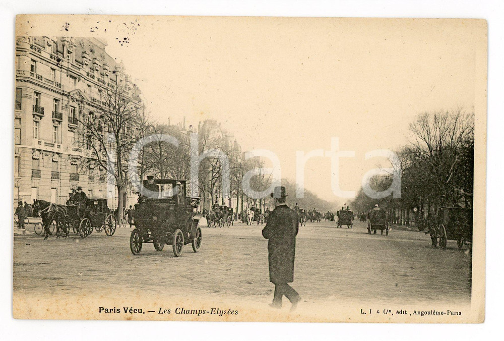 1908 PARIS VECU - Les Champs-ElysÃ©es - Carte postale ANIMEE carrosses CPA  Cartolina postale d'epoca, viaggiata. FAIR/discreto ingiallimenti marginali Formato: 14x9 cm originale e autentica 1