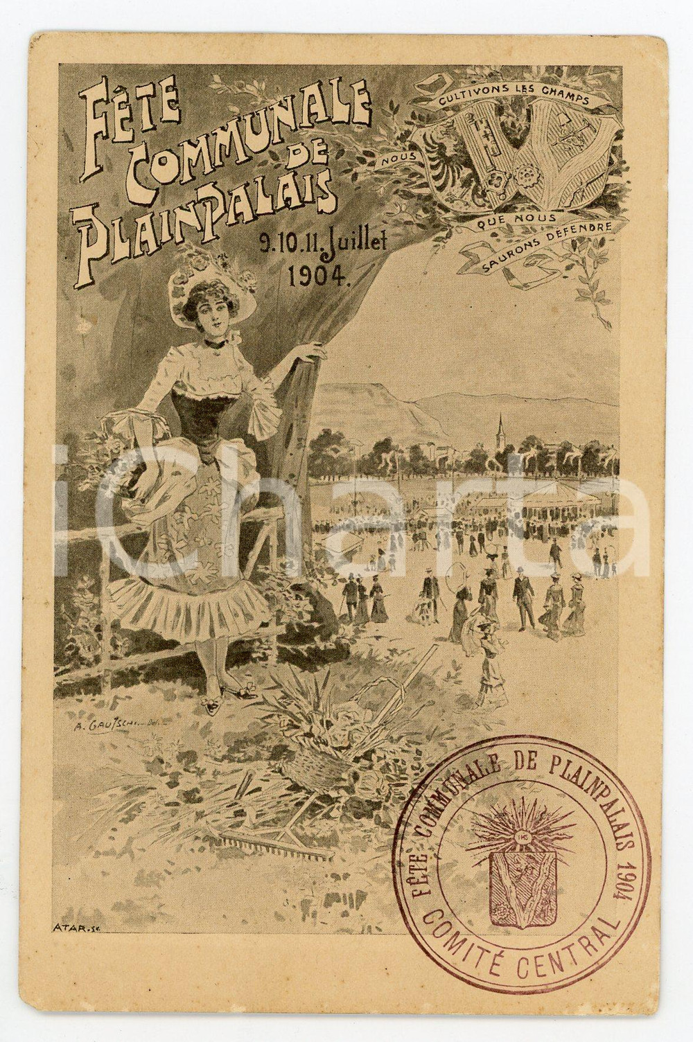 1904 GENEVE PLAINPALAIS Fête communale - Carte postale illustrée Cartolina postale d'epoca, non viaggiata.Timbro del Comit&eacute; Central al recto.CONDIZIONI: G (minime smussature angolari)FORMATO: FP    originale e autentica 1