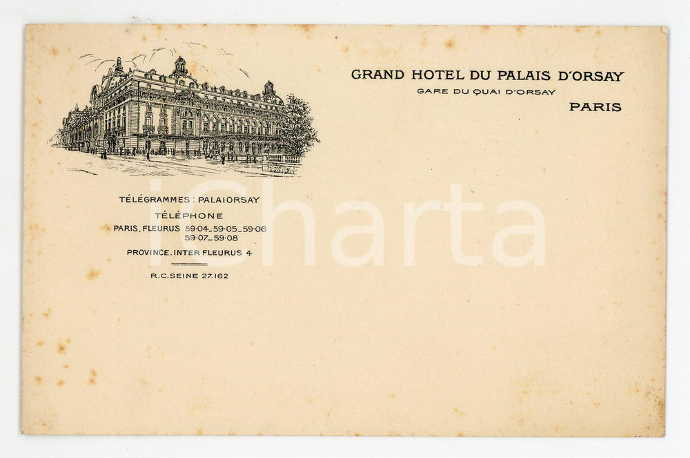 1900 ca PARIS Grand Hotel du Palais d'Orsay - Carte postale illustrée  Cartolina pubblicitaria d'epoca, non viaggiata.CONDIZIONI: FAIR (fioriture al lato sinistro)FORMATO: FP    originale e autentica 1