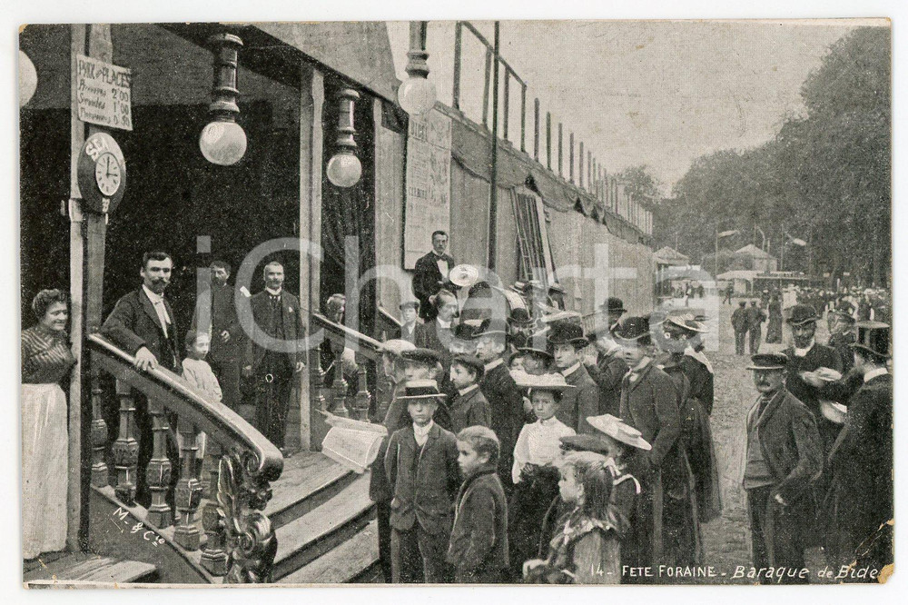 1905 ca PARIS Fête Foraine - Baraque de Bidel - Carte postale ANIMEE  Cartolina postale d'epoca, non viaggiata.CONDIZIONI: FAIR (piegature angolari)FORMATO: FP    originale e autentica 1