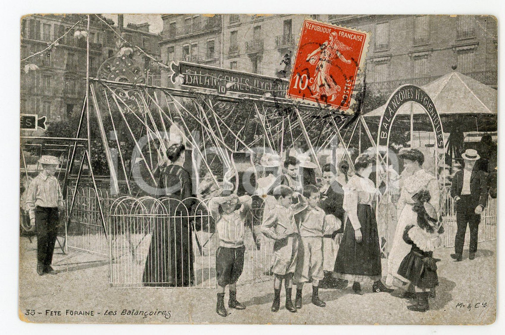 1912 PARIS Fête Foraine - Les balançoires - Carte postale ANIMEE  Cartolina postale d'epoca, viaggiata.CONDIZIONI: FAIR (minime abrasioni al lato superiore; piccola piegatura angolare)FORMATO: FP    originale e autentica 1