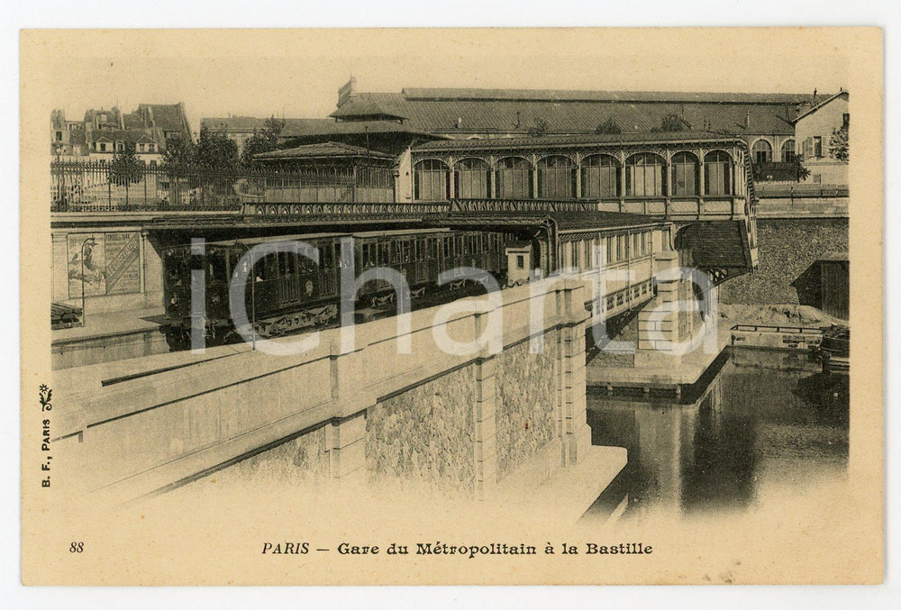 Cartolina originale da collezione 1900 ca PARIS  Gare du MÃ©tropolitain Ã  la Bastille  Carte postale ANIMEE train 1